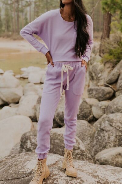 Waffle Knit Long Sleeve Top and Drawstring Pants Set