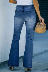 Distressed Button-Fly Flare Jeans