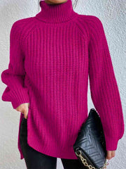 Full Size Turtleneck Rib-Knit Slit Sweater