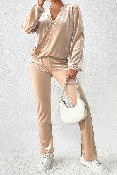 Surplice Long Sleeve Top and Slit Pants Set