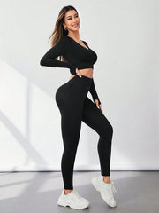 V-Neck Long Sleeve Top and Leggings Active Set