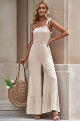 Tie-Shoulder Smocked Tiered Jumpsuit