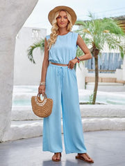 Round Neck Sleeveless Top and Drawstring Pants Set