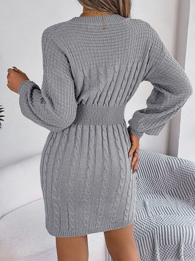 Cable-Knit Cutout Round Neck Slit Sweater