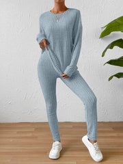 Ribbed Round Neck Top and Pants Set