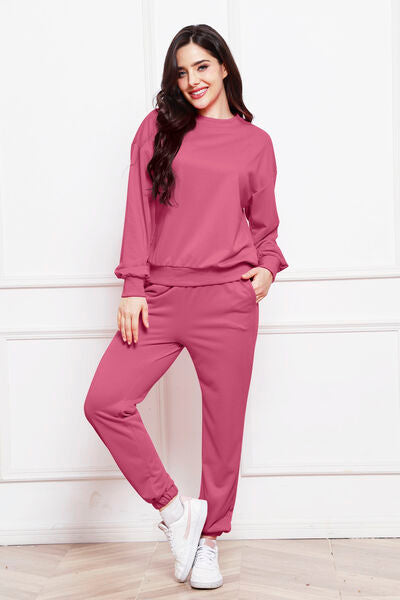 Round Neck Long Sleeve Sweatshirt and Pants Set