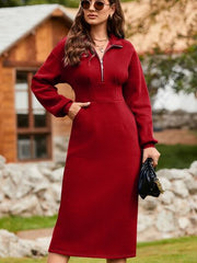 Half Zip Collared Neck Slit Midi Dress