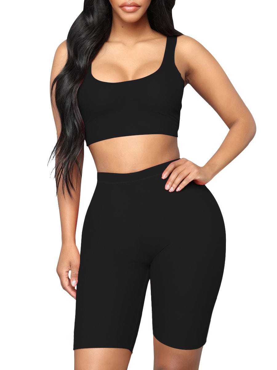 Wholesale Stretched Black Scoop Neck Sports Suit High-Waist Running