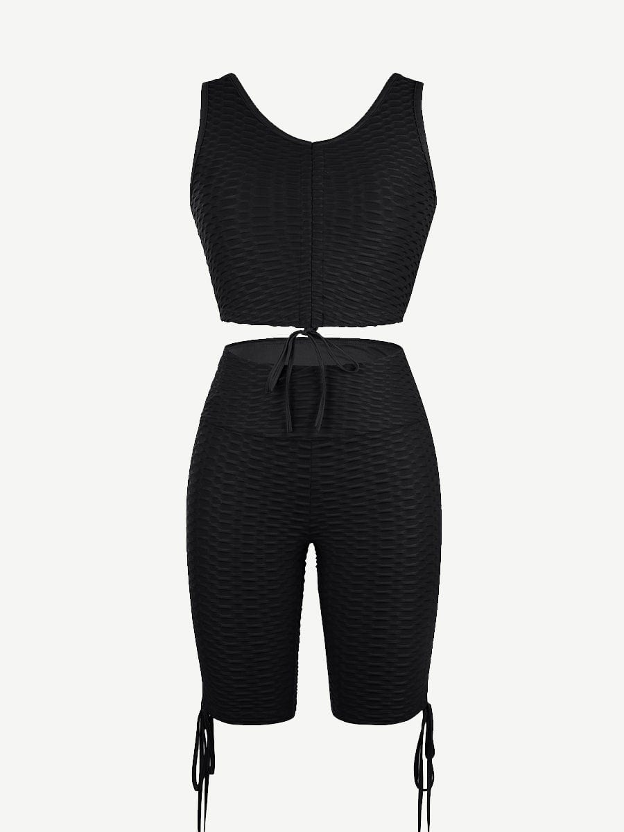 Wholesale Eye Catching Black Drawstring Athletic Suit High Waist For Fitness